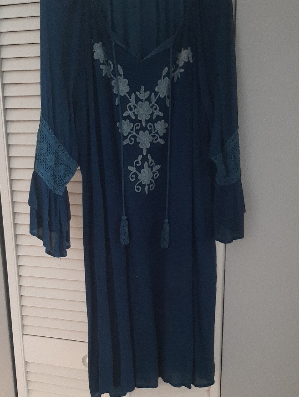 Studio West Teal Long Sleeve Embroidered Boho Dress